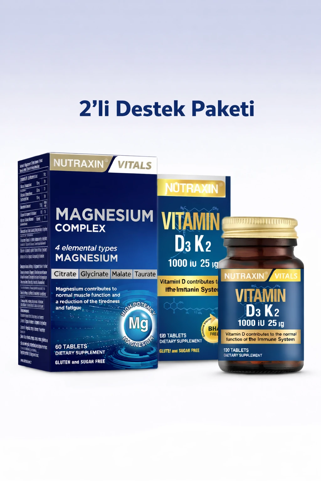 Nutraxin Nutraxin Magnesium Complex 60 Tablet & Nutraxin Vitamin D3 K2 Vitamini İçeren Takviye Edici Gıda 120 Tablet (2'li Set)