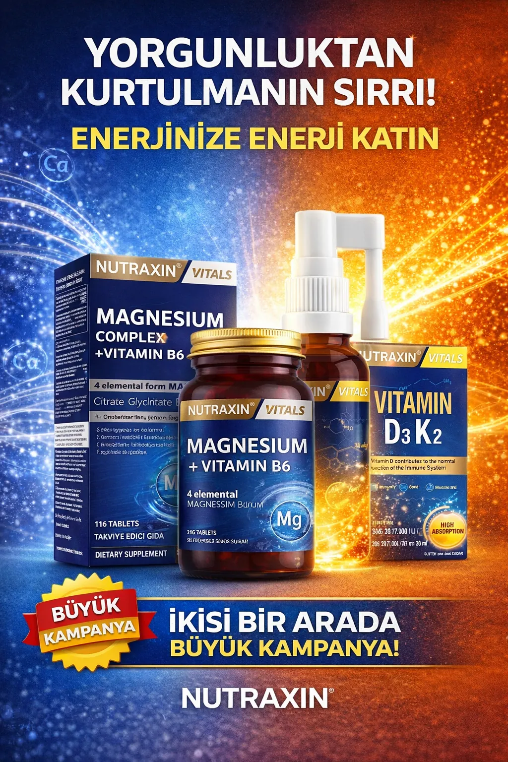 Nutraxin Nutraxin Magnesium Complex 60 Tablet & Nutraxin Vitamin D3K2 Takviye Edici Gıda Sprey